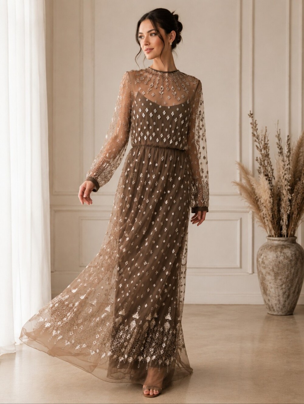 BIYAN Elegant Taupe Lace Maxi Dress, NWT, Embroidery And Pearl Beading, Size M,L - Picture 2 of 15
